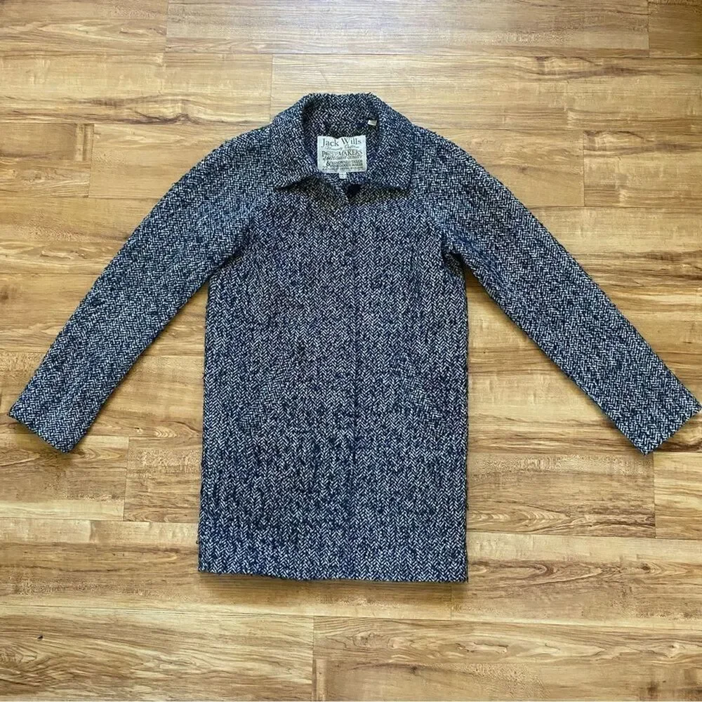 JACK WILLS 2 Womens Navy Blue Fuzzy Wool Tweed Herringbone Pea Coat Academia